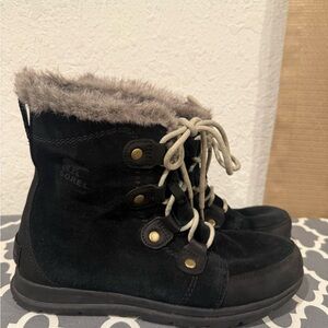 Sorel Explorer Jane Boots Waterproof Suede Leather Faux Fur Lace Up Winter Black